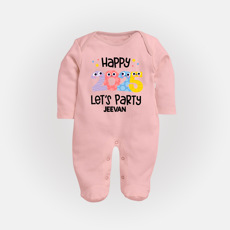 "Happy 2025 Let's Party" - New Year Themed Customized Sleep Suit For Babies With Name - BABY PINK - New Born (Chest 7.5")