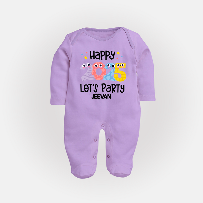 "Happy 2025 Let's Party" - New Year Themed Customized Sleep Suit For Babies With Name - LILAC - New Born (Chest 7.5")