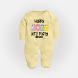 "Happy 2025 Let's Party" - New Year Themed Customized Sleep Suit For Babies With Name - PASTEL YELLOW - New Born (Chest 7.5")