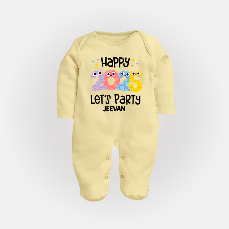 "Happy 2025 Let's Party" - New Year Themed Customized Sleep Suit For Babies With Name - PASTEL YELLOW - New Born (Chest 7.5")