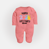 "Happy 2025 Let's Party" - New Year Themed Customized Sleep Suit For Babies With Name - PEACH - New Born (Chest 7.5")