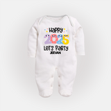 "Happy 2025 Let's Party" - New Year Themed Customized Sleep Suit For Babies With Name - WHITE - New Born (Chest 7.5")