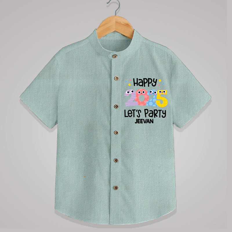 "Happy 2025 Let's Party" - New Year Themed Customized Shirt For Kids With Name - ARCTIC BLUE - 0 - 6 Months Old (Chest 23")