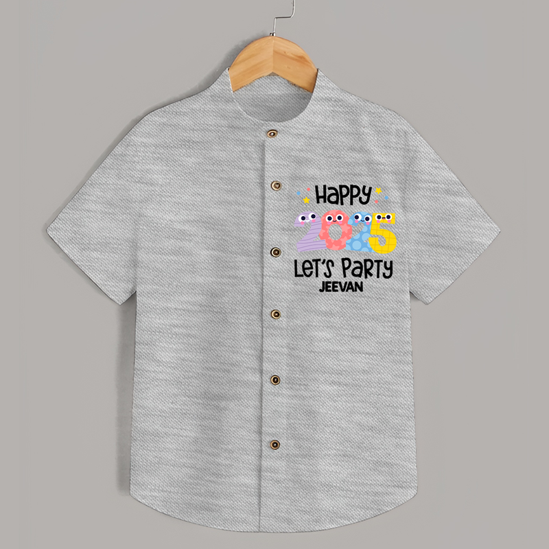 "Happy 2025 Let's Party" - New Year Themed Customized Shirt For Kids With Name - GREY MELANGE - 0 - 6 Months Old (Chest 23")