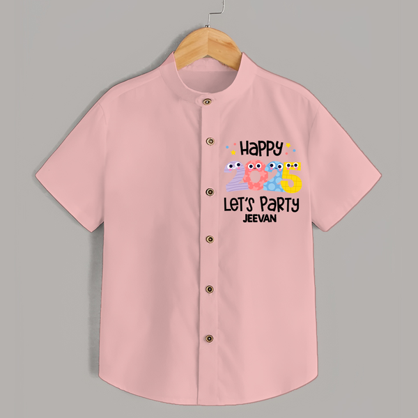 "Happy 2025 Let's Party" - New Year Themed Customized Shirt For Kids With Name - PEACH - 0 - 6 Months Old (Chest 23")