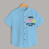 "Happy 2025 Let's Party" - New Year Themed Customized Shirt For Kids With Name - SKY BLUE - 0 - 6 Months Old (Chest 23")