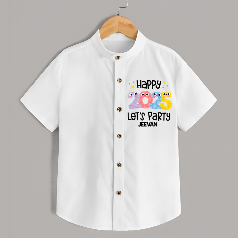 "Happy 2025 Let's Party" - New Year Themed Customized Shirt For Kids With Name - WHITE - 0 - 6 Months Old (Chest 23")