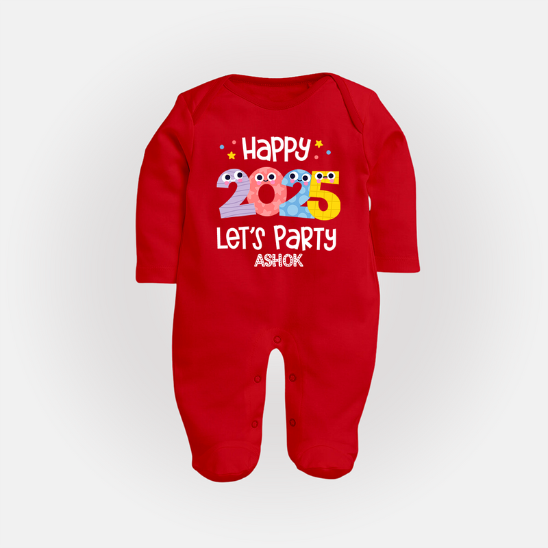 "Happy 2025 Let's Party" - New Year Themed Customized Sleep Suit For Babies With Name - RED - New Born (Chest 7.5")