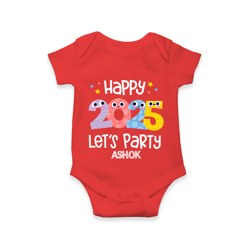 "Happy 2025 Let's Party" - New Year Themed Customized Romper For Babies With Name - RED - 0 - 3 Months Old (Chest 16")