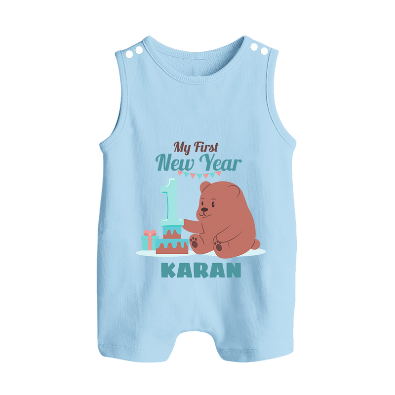 My First New Year – Bear with Cake | Personalised Romper Suit   - BABY BLUE - 0 - 5 Months Old (Chest 18")