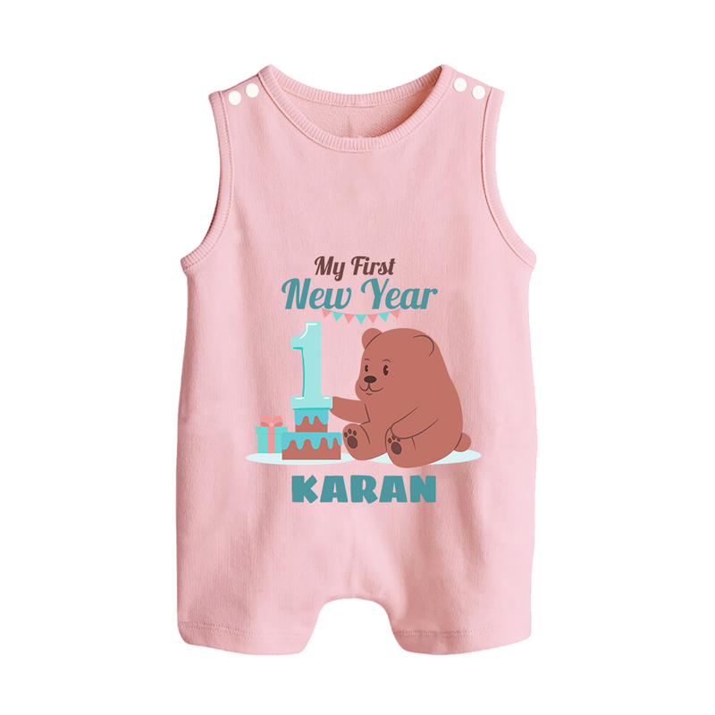 My First New Year – Bear with Cake | Personalised Romper Suit   - BABY PINK - 0 - 5 Months Old (Chest 18")