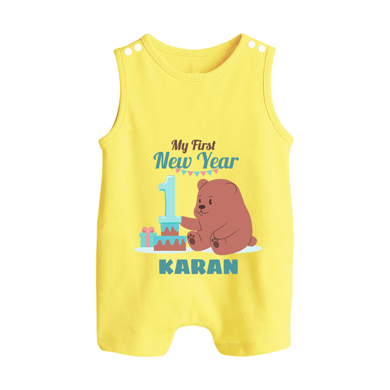 My First New Year – Bear with Cake | Personalised Romper Suit   - PASTEL YELLOW - 0 - 5 Months Old (Chest 18")