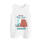 My First New Year – Bear with Cake | Personalised Romper Suit   - WHITE - 0 - 5 Months Old (Chest 18")