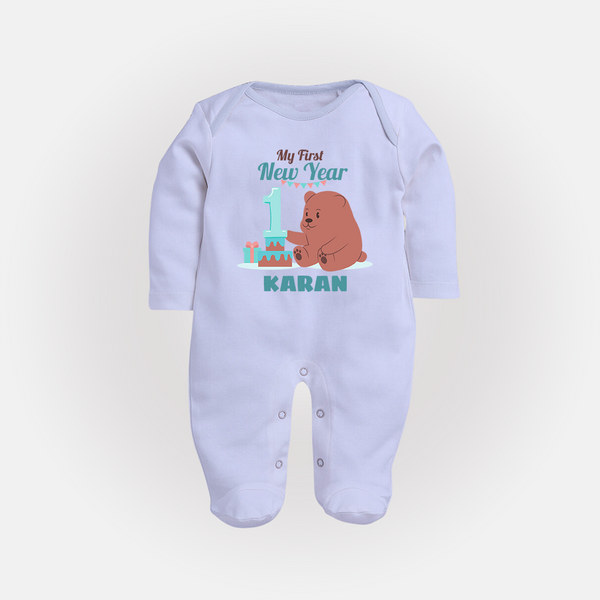 My First New Year – Bear with Cake | Personalised Fullbody Suit   - BABY BLUE - New Born (Chest 7.5")