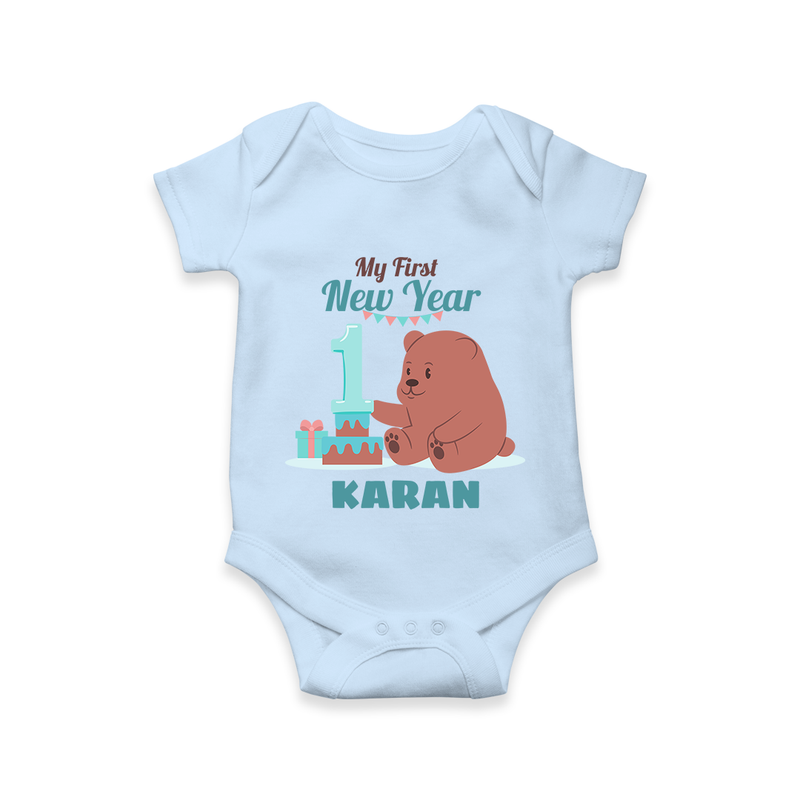 My First New Year – Bear with Cake | Personalised Romper for Kids - BABY BLUE - New Born (Chest 14")