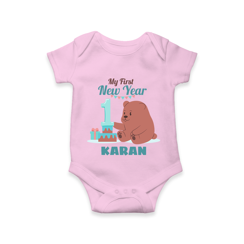 My First New Year – Bear with Cake | Personalised Romper for Kids - BABY PINK - New Born (Chest 14")