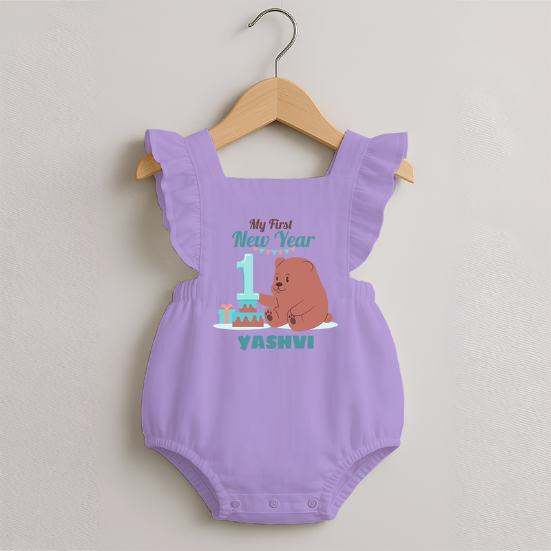 My First New Year – Bear with Cake | Personalised Romper Frock for Girls - LILAC - 0 - 3 Months Old (Chest 19")