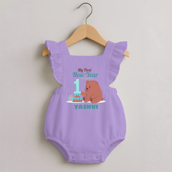 My First New Year – Bear with Cake | Personalised Romper Frock for Girls - LILAC - 0 - 3 Months Old (Chest 19")