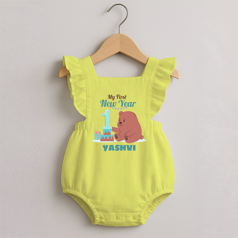 My First New Year – Bear with Cake | Personalised Romper Frock for Girls - PASTEL YELLOW - 0 - 3 Months Old (Chest 19")