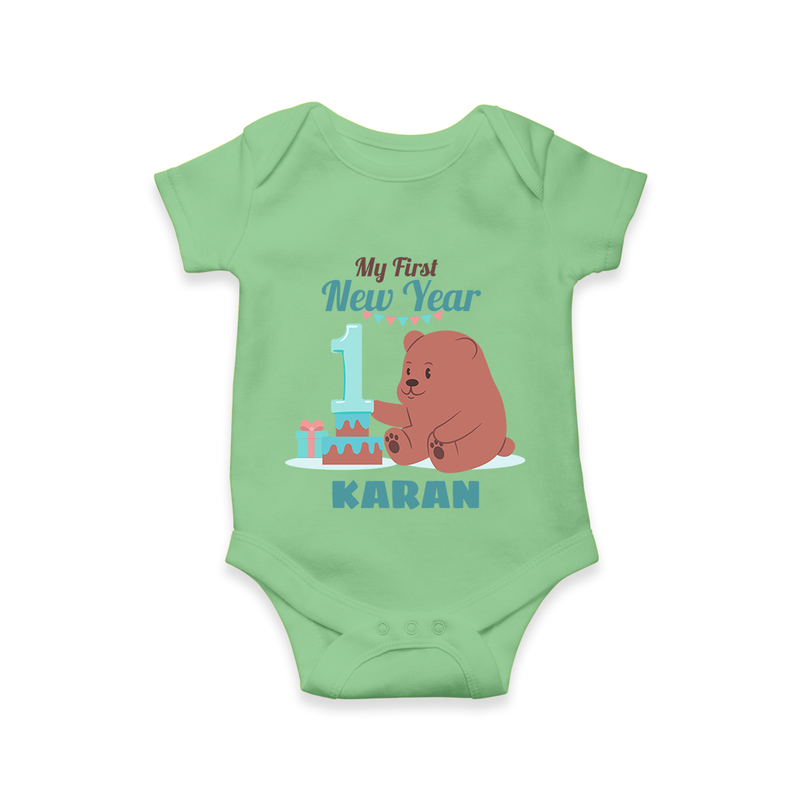 My First New Year – Bear with Cake | Personalised Romper for Kids - GREEN - New Born (Chest 14")