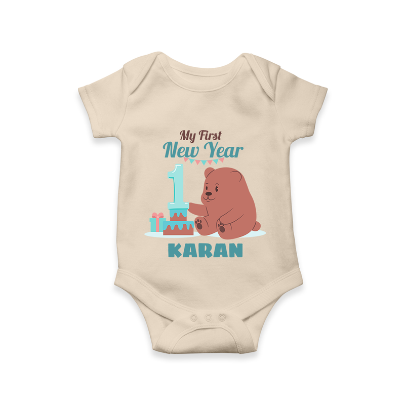 My First New Year – Bear with Cake | Personalised Romper for Kids - IVORY - New Born (Chest 14")