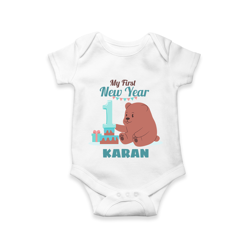 My First New Year – Bear with Cake | Personalised Romper for Kids - WHITE - New Born (Chest 14")