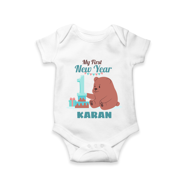 My First New Year – Bear with Cake | Personalised Romper for Kids - WHITE - New Born (Chest 14")