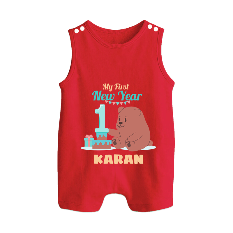 My First New Year – Bear with Cake | Personalised Romper Suit   - RED - 0 - 5 Months Old (Chest 18")