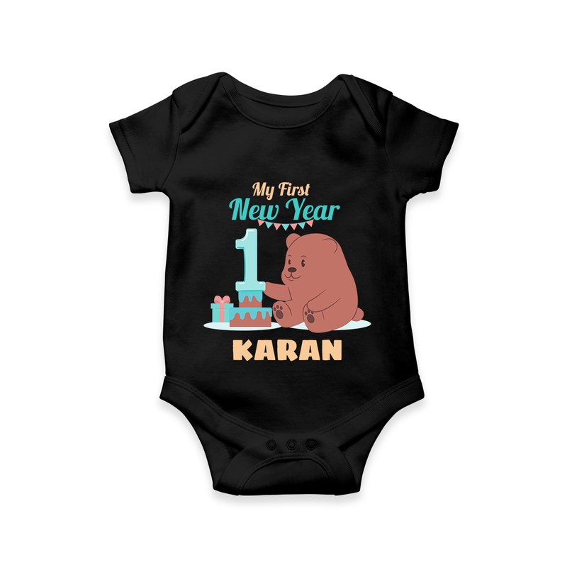 My First New Year – Bear with Cake | Personalised Romper for Kids - BLACK - New Born (Chest 14")