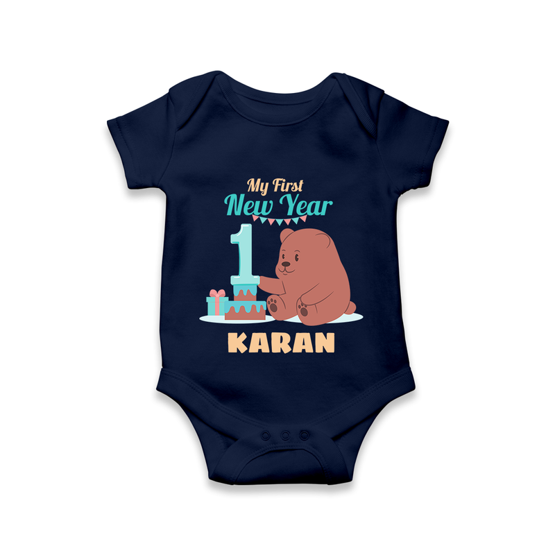 My First New Year – Bear with Cake | Personalised Romper for Kids - NAVY BLUE - New Born (Chest 14")