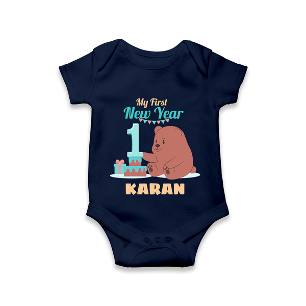 My First New Year – Bear with Cake | Personalised Romper for Kids - NAVY BLUE - New Born (Chest 14")