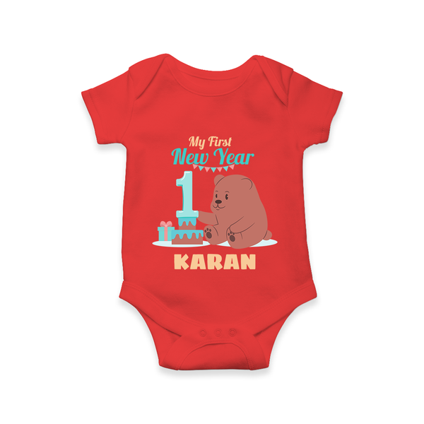 My First New Year – Bear with Cake | Personalised Romper for Kids - RED - New Born (Chest 14")