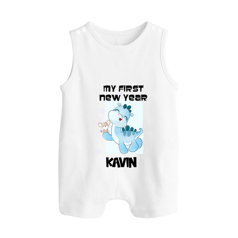 My First New Year – Blue Dino| Customized Romper Suit   - WHITE - 0 - 5 Months Old (Chest 18")