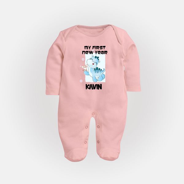 My First New Year – Blue Dino| Customized Fullbody Suit   - BABY PINK - New Born (Chest 7.5")