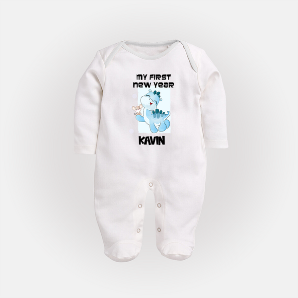 My First New Year – Blue Dino| Customized Fullbody Suit   - WHITE - New Born (Chest 7.5")