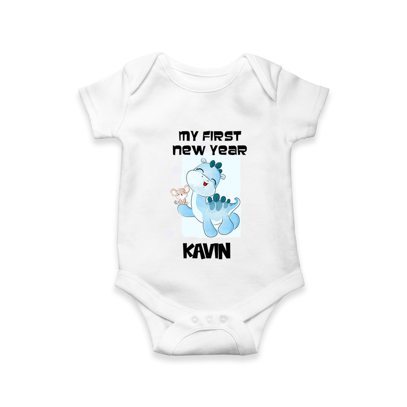 My First New Year – Blue Dino| Customized Romper for Kids - WHITE - New Born (Chest 14")
