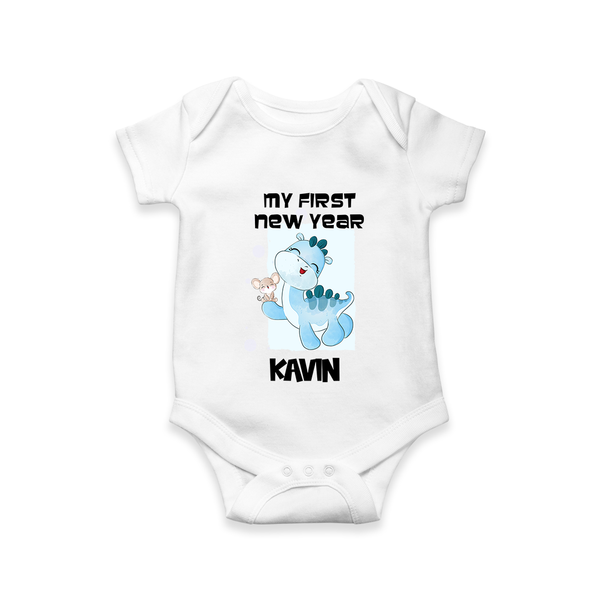 My First New Year – Blue Dino| Customized Romper for Kids - WHITE - New Born (Chest 14")