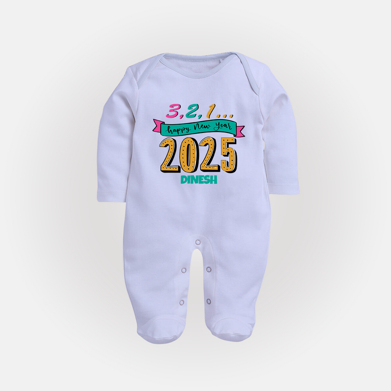 3,2,1É "Happy new Year 2025" - New Year Themed Customized Sleep Suit For Babies With Name - BABY BLUE - New Born (Chest 7.5")