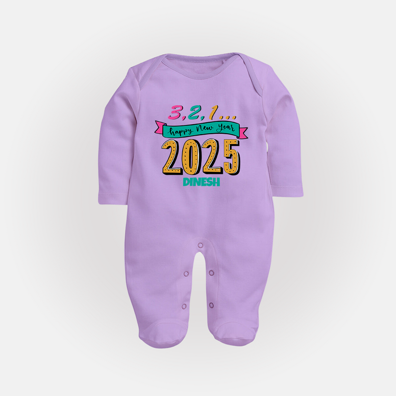 3,2,1É "Happy new Year 2025" - New Year Themed Customized Sleep Suit For Babies With Name - LILAC - New Born (Chest 7.5")