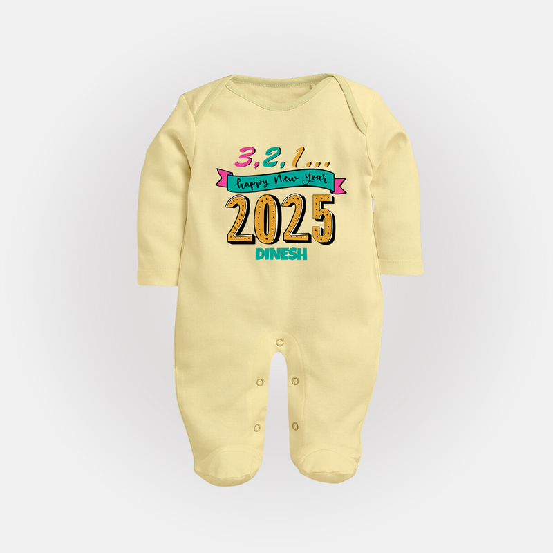 3,2,1É "Happy new Year 2025" - New Year Themed Customized Sleep Suit For Babies With Name - PASTEL YELLOW - New Born (Chest 7.5")