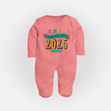 3,2,1É "Happy new Year 2025" - New Year Themed Customized Sleep Suit For Babies With Name - PEACH - New Born (Chest 7.5")