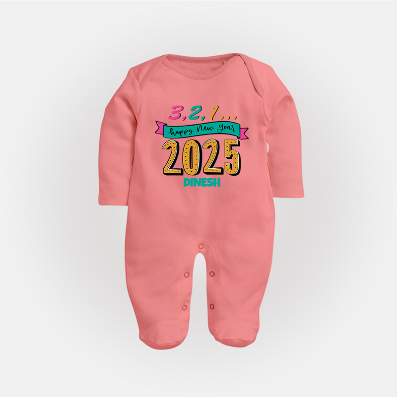 3,2,1É "Happy new Year 2025" - New Year Themed Customized Sleep Suit For Babies With Name - PEACH - New Born (Chest 7.5")