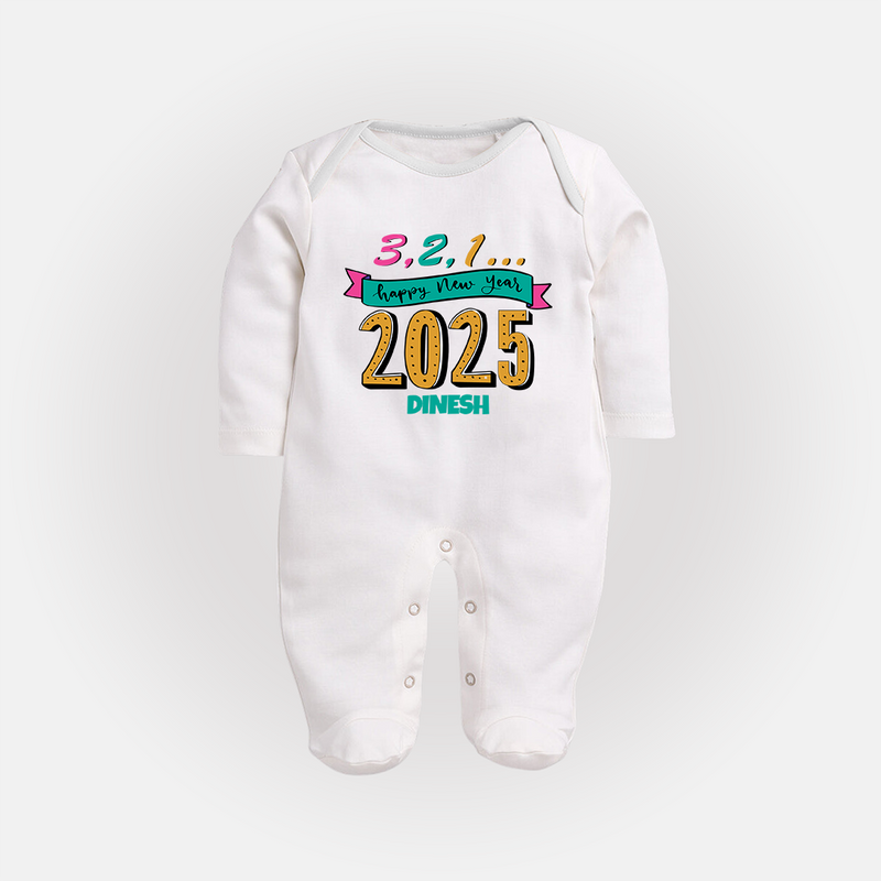 3,2,1É "Happy new Year 2025" - New Year Themed Customized Sleep Suit For Babies With Name - WHITE - New Born (Chest 7.5")