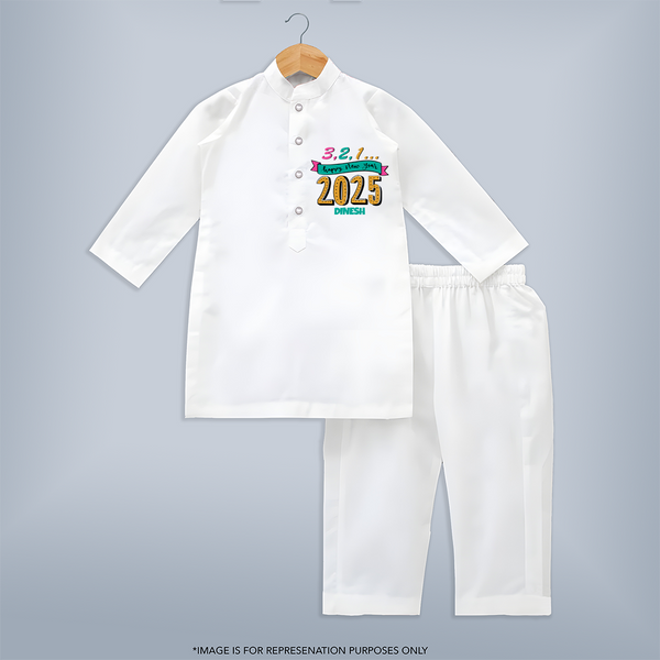 3,2,1É "Happy new Year 2025" - New Year Themed Customized Kurta set For Kids With Name - WHITE - 3 - 6 Months Old (Chest 24", Kurta Length 14'', Waist 19", Pant Length 14")