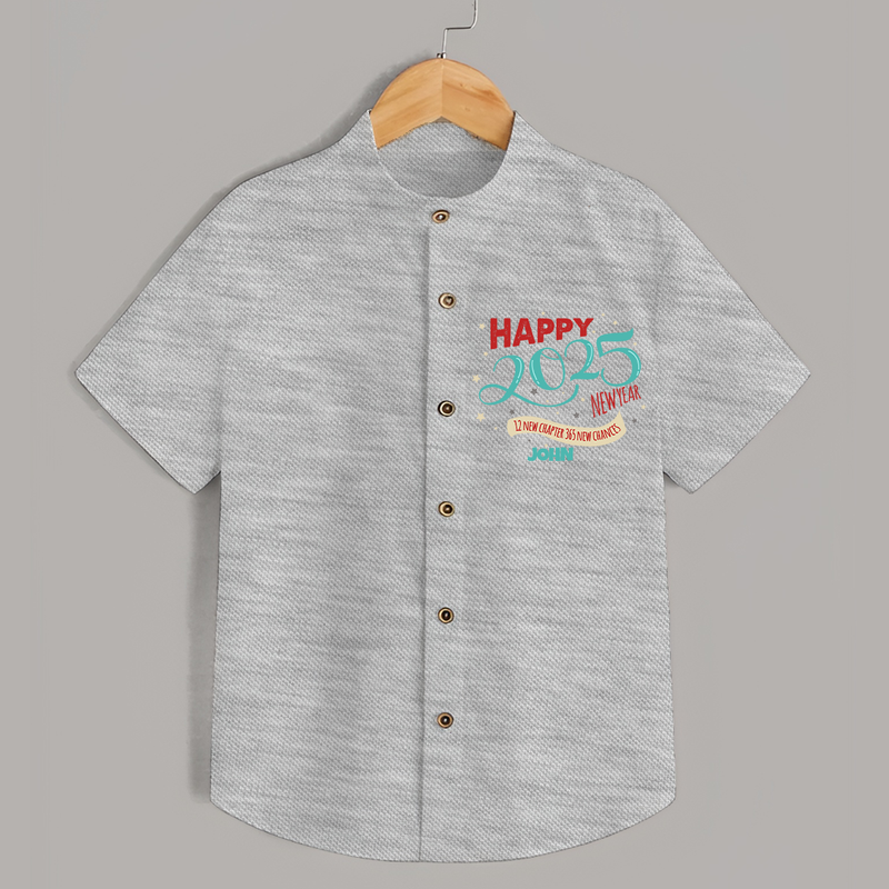 "12 New Chapter , 365 New chances" - New Year Themed Customized Shirt For Kids With Name - GREY MELANGE - 0 - 6 Months Old (Chest 23")