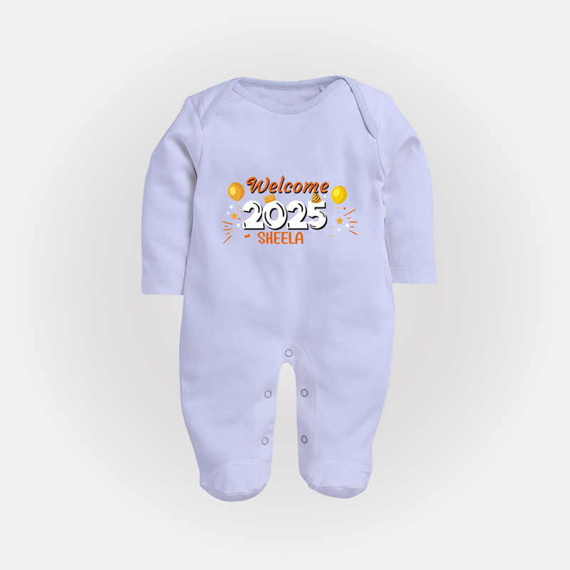 "Welcome 2025" - New Year Themed Customized Sleep Suit For Babies With Name - BABY BLUE - New Born (Chest 7.5")