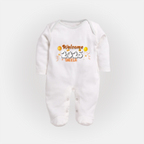 "Welcome 2025" - New Year Themed Customized Sleep Suit For Babies With Name - WHITE - New Born (Chest 7.5")