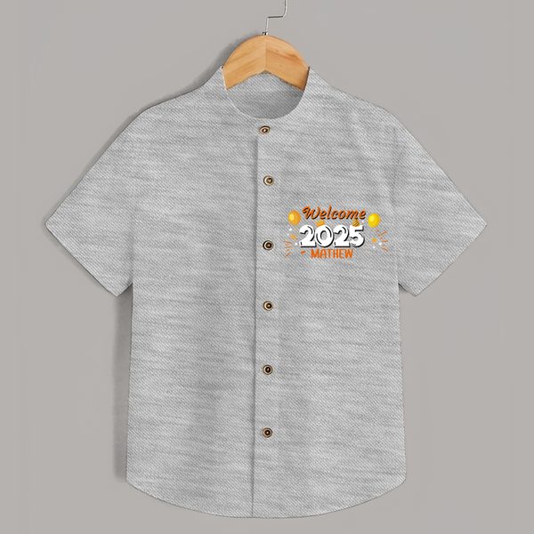 "Welcome 2025" - New Year Themed Customized Shirt For Kids With Name - GREY MELANGE - 0 - 6 Months Old (Chest 23")