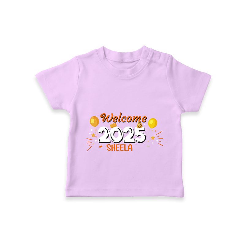 "Welcome 2025" - New Year Themed Customized T-Shirt For Kids With Name - LILAC - 0-5 Months Old (Chest 17")