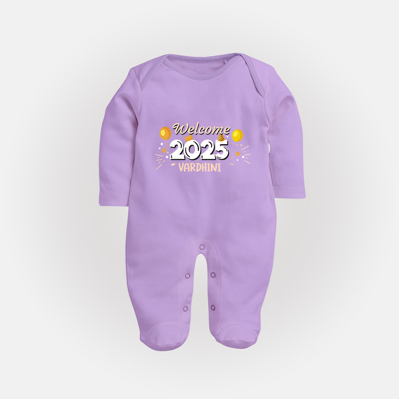 "Welcome 2025" - New Year Themed Customized Sleep Suit For Babies With Name - LILAC - New Born (Chest 7.5")